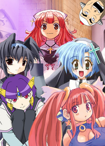 ryoji (nomura ryouji), ester ein astrada, prier, kenran butou sai, la pucelle, original, shinsei motemote oukoku, habit, lowres, third-party edit, 00s, 1boy, 5girls, :d, aqua eyes, black hair, blue eyes, blue hair, breasts, circlet, cleavage, cleavage cutout, clothing cutout, cross, crossover, earrings, hair ornament, hairband, hat, hugging own legs, jewelry, knees to chest, large breasts, long hair, multiple girls, necklace, nun, open mouth, pale skin, pink eyes, pink hair, purple eyes, red eyes, short hair, smile, turtleneck, twintails, white hair