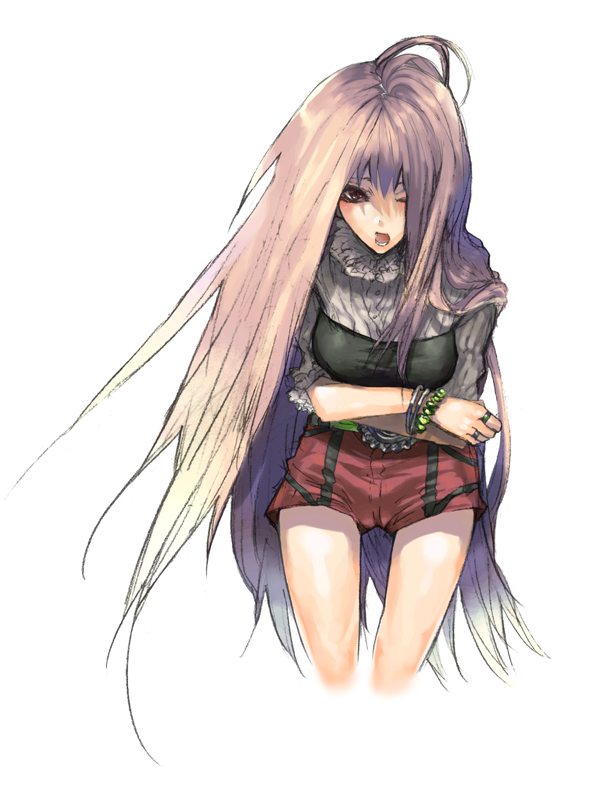 amamiya ten'ya, belt, bracelet, jewelry, long hair, open mouth, ring, shorts, solo