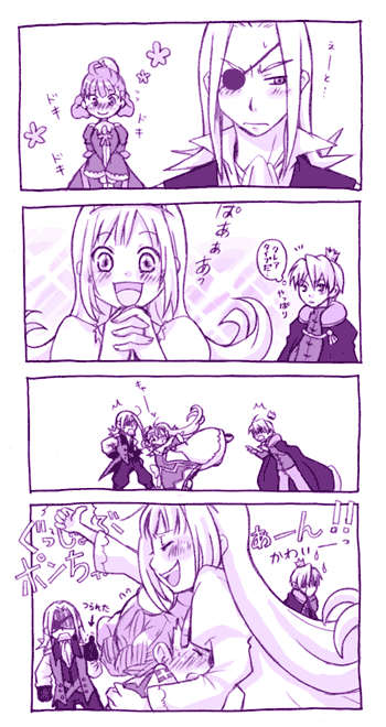 tsuyuka (sunny spot), eclair (la pucelle), homard, la pucelle, marl kingdom, nippon ichi, puppet princess (marl kingdom), translation request, 2boys, 2girls, crossover, long hair, monochrome, multiple boys, multiple girls, purple theme