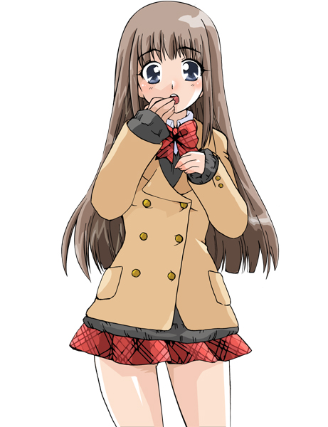 rinko yuzuki, original, commentary request, 1girl, blazer, bow, bowtie, brown hair, grey eyes, hand up, jacket, long hair, long sleeves, looking at viewer, miniskirt, open mouth, plaid bow, plaid bowtie, plaid clothes, plaid skirt, pleated skirt, school uniform, skirt, sleeves past wrists, solo, very long hair