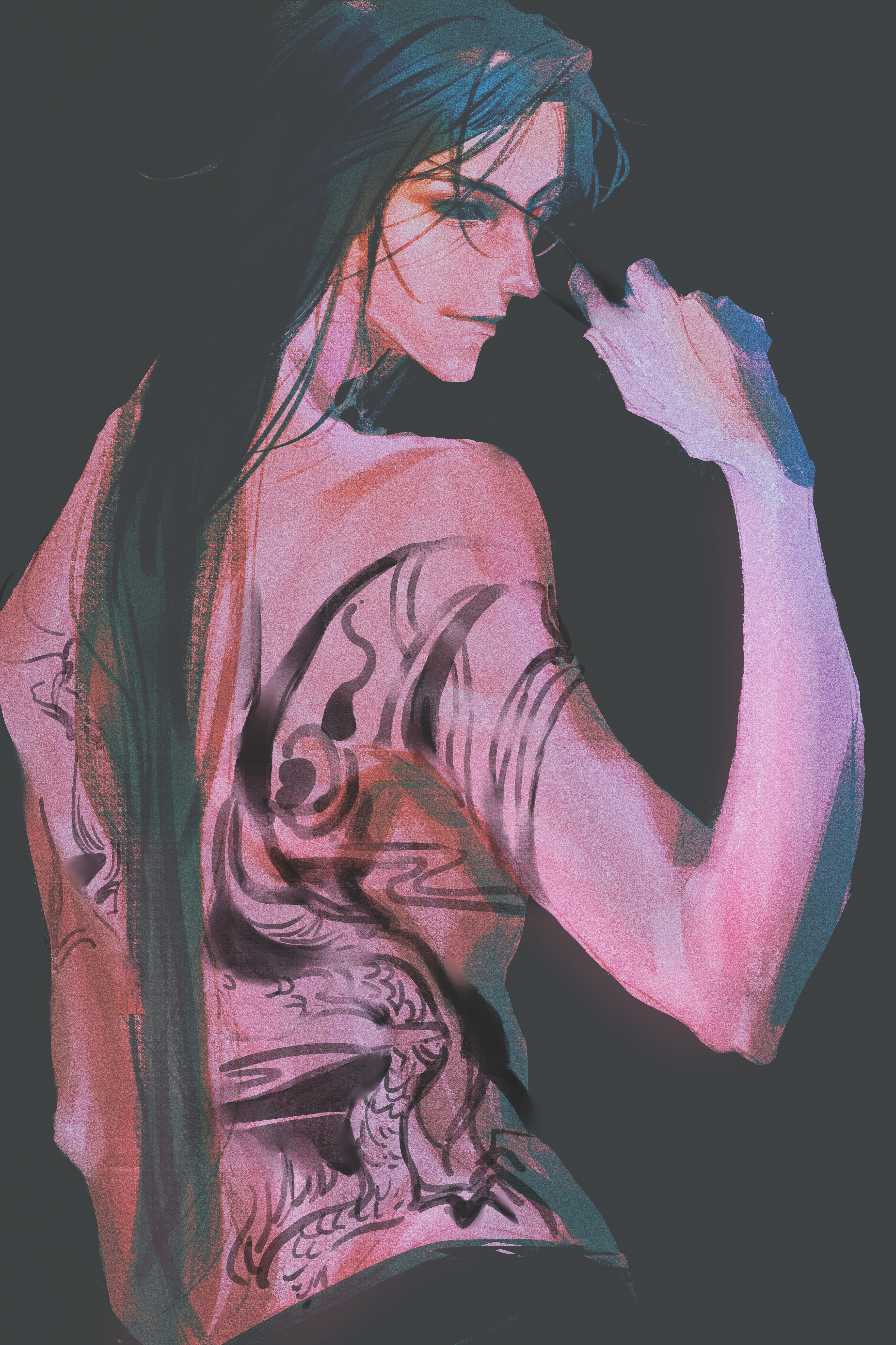 chimmyming, hua cheng, tianguan cifu, absurdres, commentary request, highres, 1boy, back tattoo, black hair, cropped torso, dragon tattoo, from behind, grey background, long hair, looking back, male focus, parted lips, simple background, solo, tattoo, topless male, very long hair