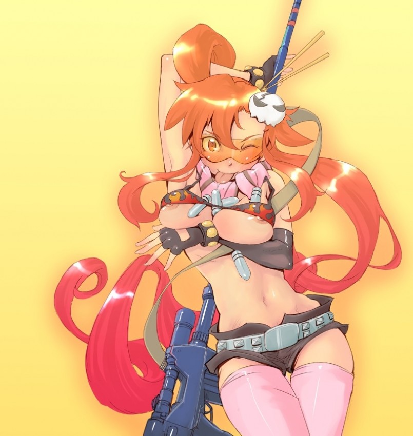 yoko littner, tengen toppa gurren lagann, breast hold, visor, 00s, 1girl, ;p, anti-materiel rifle, arm up, armpits, asymmetrical gloves, belt, bikini, bikini top only, breasts, bullet, chopsticks, dark nipples, female focus, fingerless gloves, flame print, gloves, gun, hair ornament, large breasts, long hair, midriff, navel, nipple slip, nipples, one eye closed, orange-tinted eyewear, orange-tinted glasses, pink thighhighs, ponytail, red hair, rifle, safety glasses, scarf, short shorts, shorts, sidelocks, skull hair ornament, sniper rifle, solo, strap, studded belt, sunglasses, swimsuit, thighhighs, tinted eyewear, tongue, tongue out, uneven gloves, very long hair, wardrobe malfunction, weapon, wink, yellow-tinted eyewear