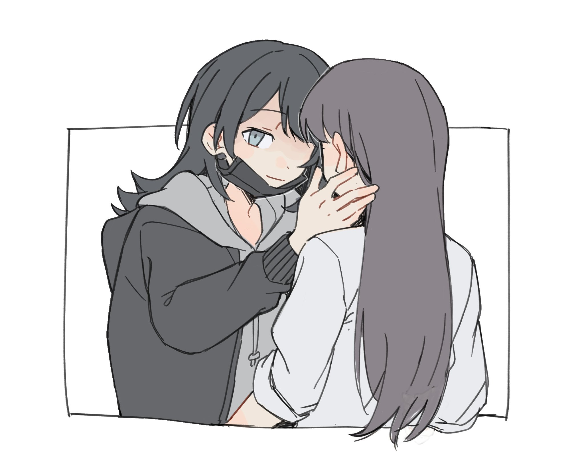 jenjen, shiina taki, yahata umiri, bang dream!, bang dream! it's mygo!!!!!, commentary, hashtag-only commentary, highres, 2girls, black hair, black jacket, black mask, blue eyes, brown hair, closed mouth, grey hoodie, hand on another's face, hood, hoodie, jacket, long hair, mask, mask pull, mouth mask, multiple girls, shirt, simple background, smile, white background, white shirt, yuri