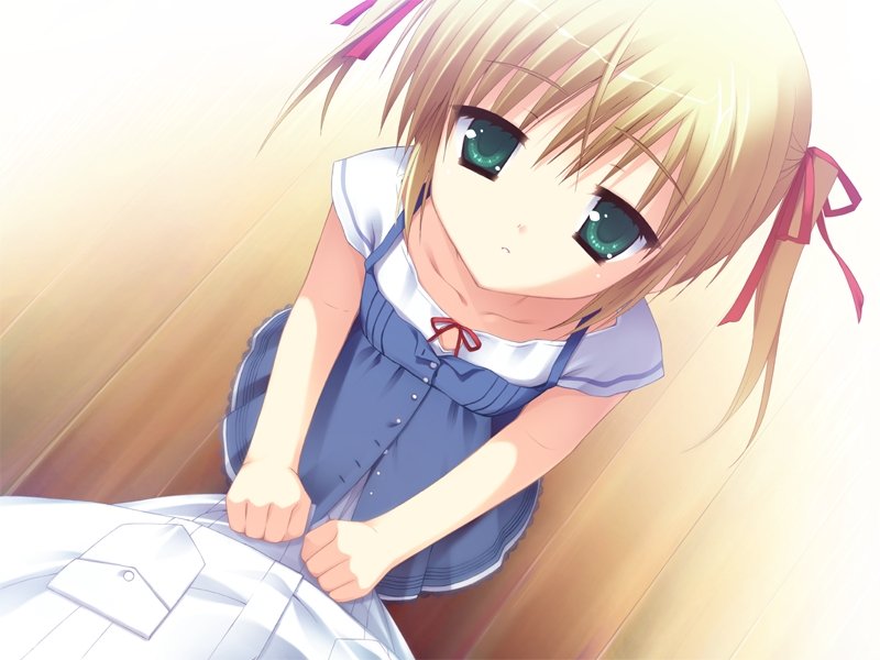 kobuichi, muririn, kono natsuki, empty x embryo, game cg, 1girl, blonde hair, child, clothes grab, dress, female focus, from above, frown, green eyes, hair ribbon, kneeling, looking up, pov, ribbon, shirt grab, solo, twintails