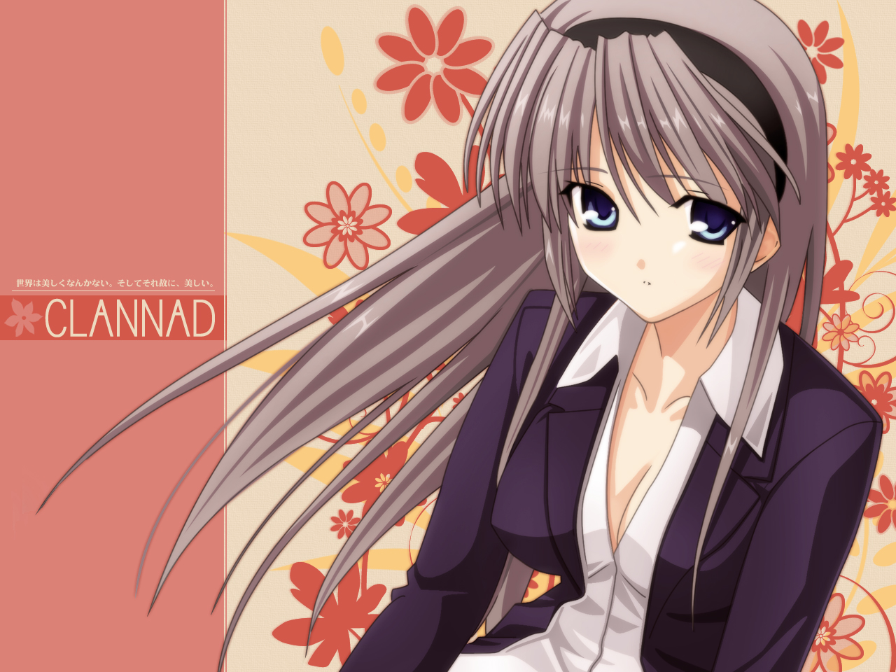 sakagami tomoyo, clannad, silver hair, 00s, 1girl, blue eyes, blush, breasts, cleavage, female focus, formal clothes, long hair, medium breasts, pant suit, pants, solo, suit, very long hair