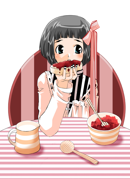 rinko yuzuki, original, commentary request, 1girl, black hair, blunt bangs, blush, bread, bread slice, eating, elbow rest, food, green eyes, hair ribbon, holding, holding food, imminent bite, jam, long sleeves, looking to the side, milk, nail art, nail polish, off shoulder, open mouth, pitcher (container), ribbon, shirt, short hair, solo, spoon, striped clothes, striped nails, striped ribbon, striped shirt, striped tablecloth, table, toast