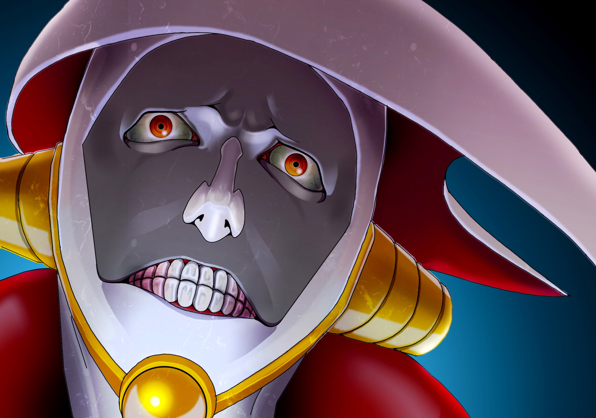 komatsu, kurotsuchi mayuri, bleach, highres, 00s, crazy, creepy, hat, head tilt, horror (theme), makeup, male focus, red eyes, solo, teeth