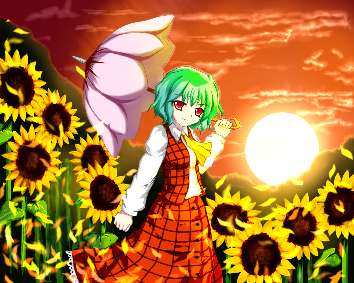 yuna gram, yunagram, kazami yuuka, touhou, bad id, bad pixiv id, 1girl, ascot, cloud, female focus, flower, green hair, mountain, nature, parasol, petals, plaid clothes, plaid skirt, plaid vest, red eyes, short hair, skirt, skirt set, smirk, solo, sun, sunflower, sunset, umbrella, vest