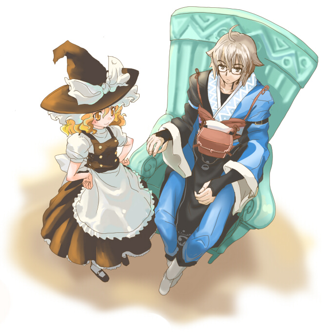 nanami sano, kirisame marisa, morichika rinnosuke, curiosities of lotus asia, touhou, silver hair, 1boy, 1girl, blonde hair, dress, full body, glasses, hat, ribbon, white background, witch, witch hat, yellow eyes