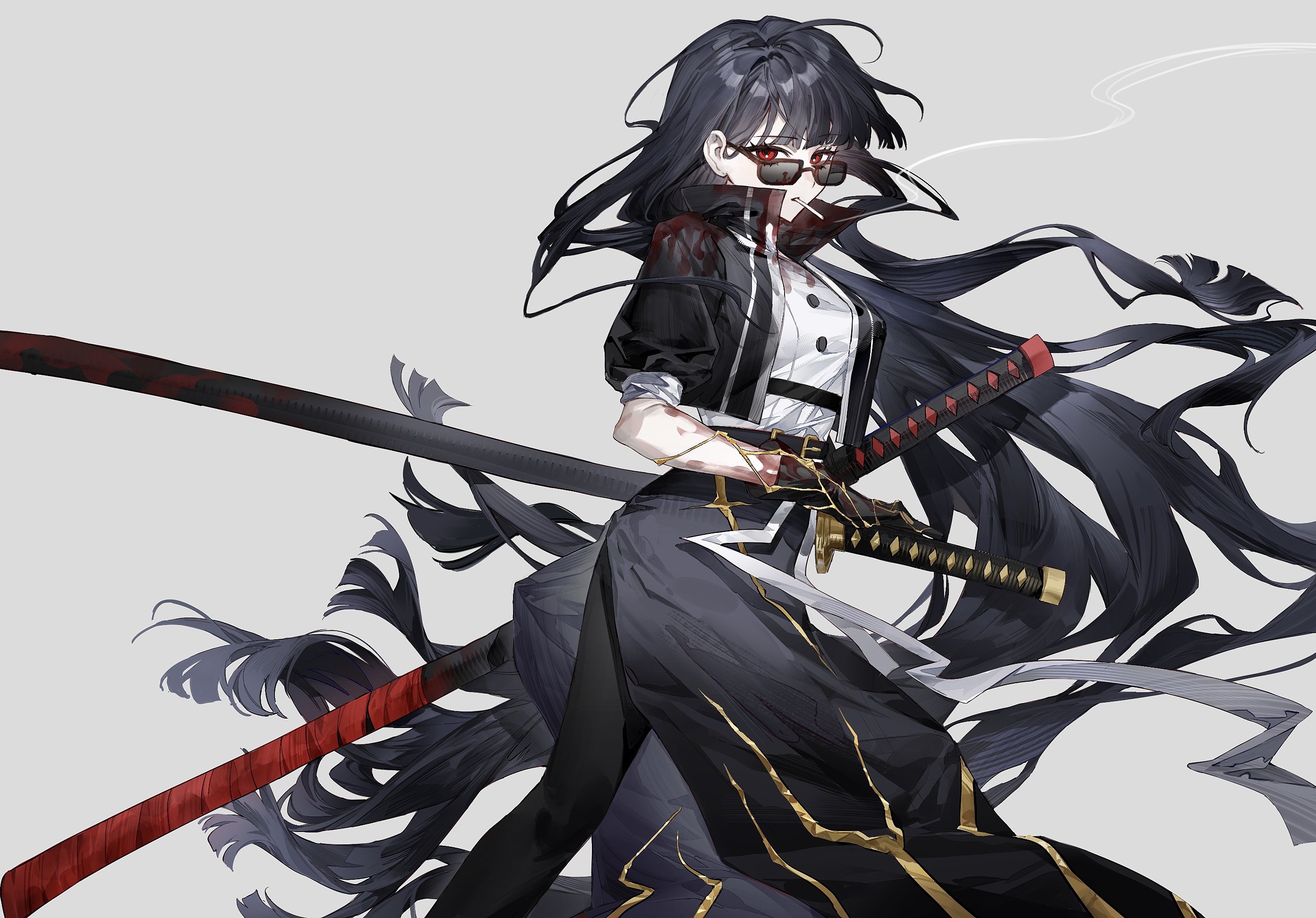 bochishiraita, ryoshu (project moon), limbus company, project moon, highres, 1girl, belt, black hair, black jacket, black skirt, blood, blood on clothes, blunt bangs, cigarette, contempt awe (e.g.o), cropped jacket, e.g.o (project moon), glasses, grey background, jacket, long hair, looking at viewer, ootachi, red eyes, shirt, simple background, skirt, smoking, solo, standing, sunglasses, sword, upper body, very long hair, weapon, white shirt