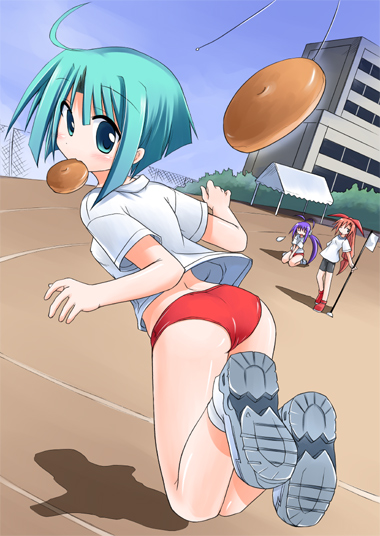 suika (kinokoh), original, 3girls, anpan, aqua hair, ass, blush, building, buruma, day, food, looking at viewer, mouth hold, multiple girls, outdoors, school, shirt, shoe soles, shoes, short hair, short sleeves, sneakers, solo focus, sportswear, tareme, white shirt