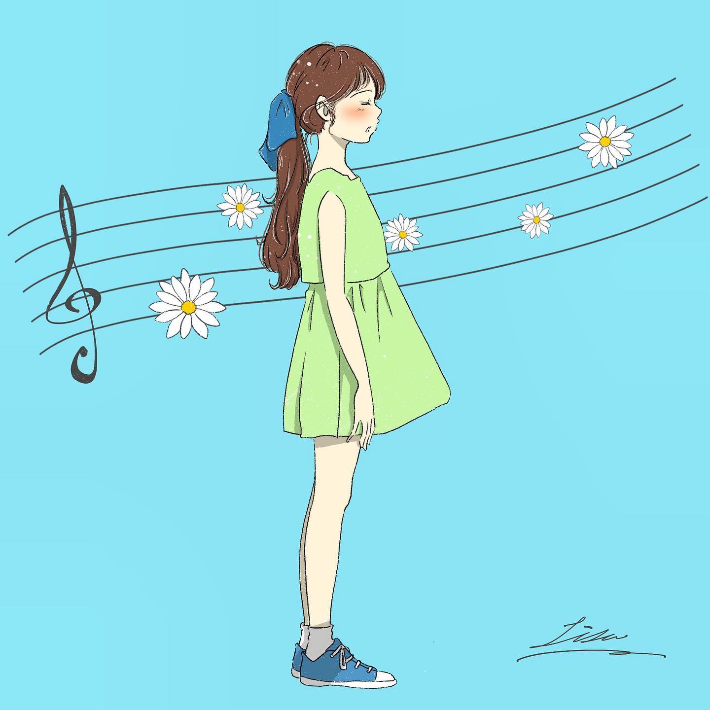 lisa (illustsan430), original, check copyright, commentary request, copyright request, flower request, highres, 1girl, ankle socks, arms at sides, artist name, bare arms, bare legs, blue background, blue ribbon, blue shoes, blush, brown hair, closed eyes, dress, flower, from side, full body, green dress, hair ribbon, long hair, music, musical staff, open mouth, ponytail, profile, ribbon, shoes, short dress, signature, simple background, singing, sleeveless, sleeveless dress, sneakers, socks, solo, standing, treble clef, white flower, white socks