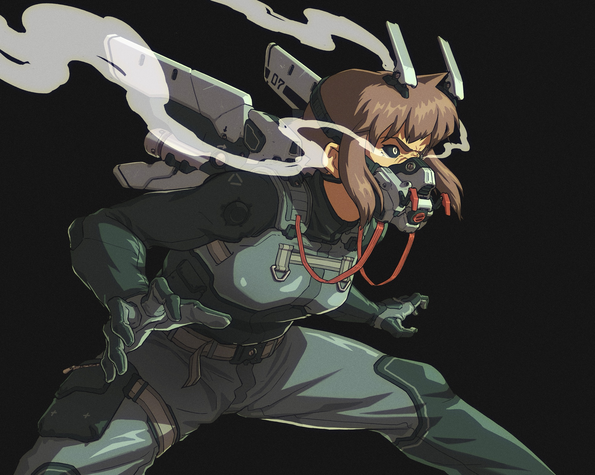 davey perkins, original, highres, 1girl, belt, black background, black sclera, brown hair, colored sclera, drugs, gas mask, helmet, mask, medium hair, pouch, smoke, solo, thigh pouch, yellow eyes