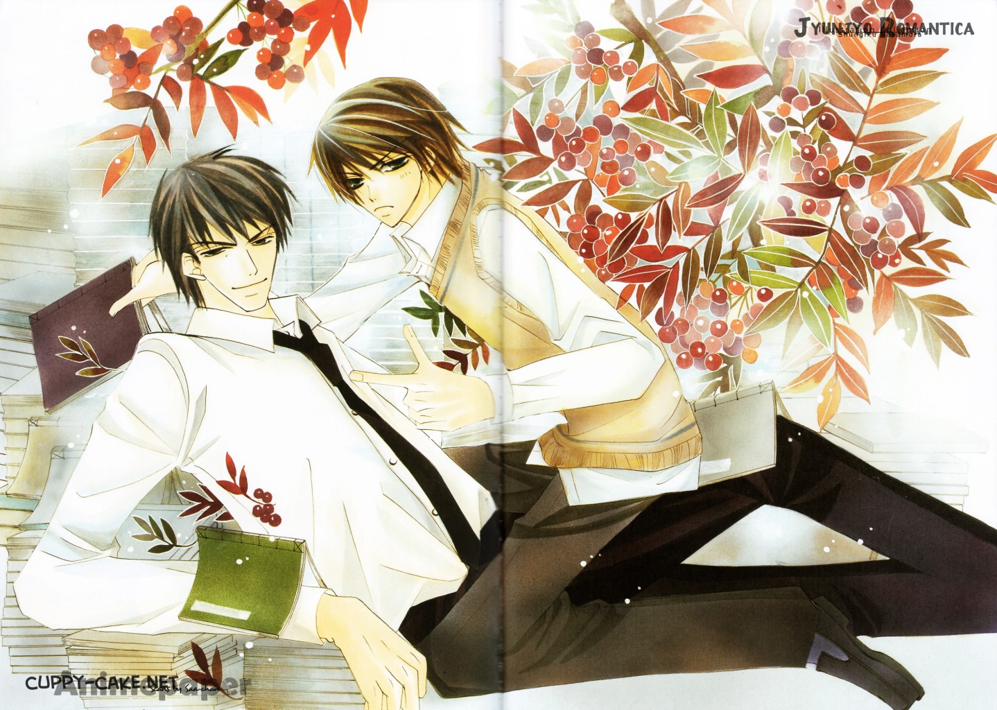 nakamura shungiku, miyagi you, takatsuki shinobu, you miyagi, junjou romantica, junjou terrorist, scan, scan artifacts, 00s, 2boys, flower, male focus, multiple boys, watermark, yaoi