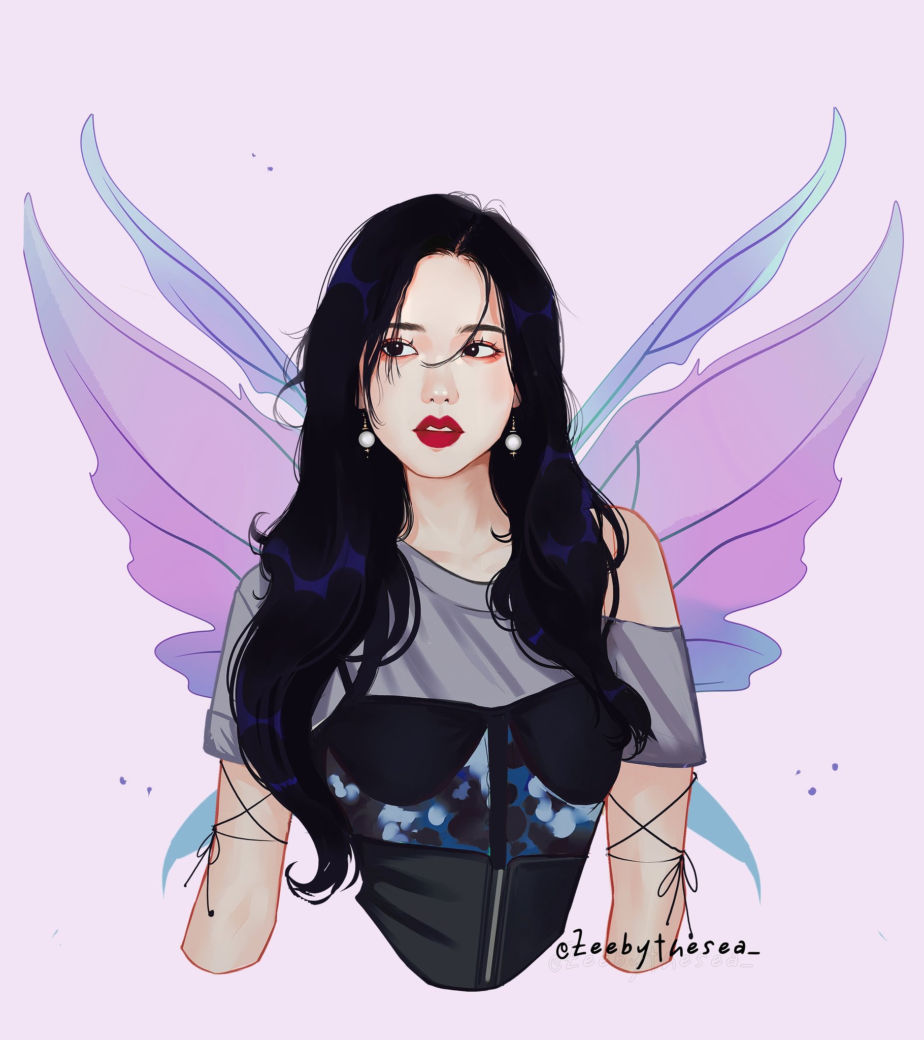 zeebythesea, jisoo (blackpink), blackpink, highres, 1girl, asian, black bustier, black hair, cropped torso, eyeliner, fairy wings, forehead, grey shirt, hair over shoulder, jewelry, light particles, long hair, looking to the side, makeup, necklace, parted lips, pearl necklace, purple background, purple wings, red eyeliner, red lips, shirt, shirt under shirt, short sleeves, single off shoulder, strapless, thick lips, twitter username, upper body, wavy hair, wings