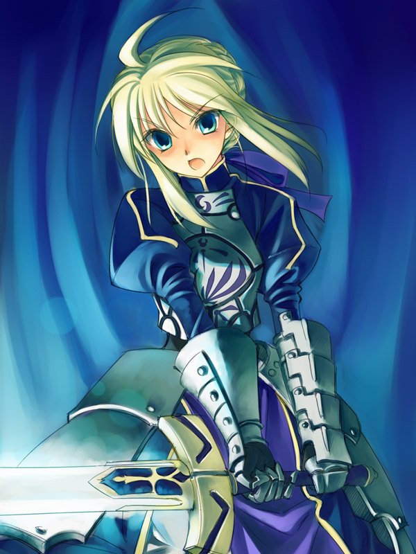 yuuki keisuke, artoria pendragon (fate), saber (fate), fate/stay night, fate (series), 00s, ahoge, armor, blonde hair, blue eyes, solo, sword, weapon