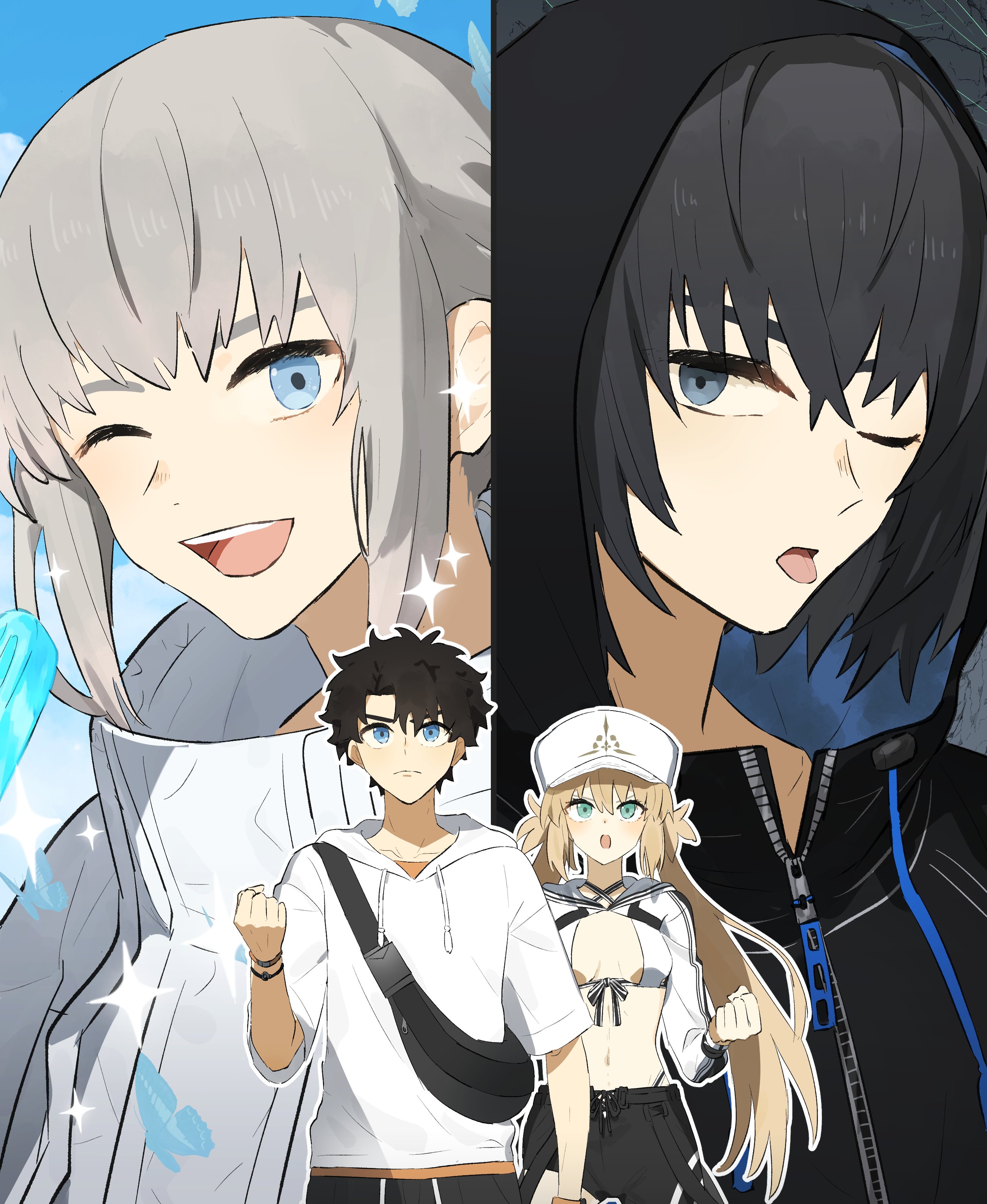 ninjin (ne f g o), artoria caster (fate), artoria caster (swimsuit berserker) (first ascension) (fate), artoria pendragon (fate), fujimaru ritsuka (male), fujimaru ritsuka (male) (summer street), oberon (fate), oberon (moody summer oberon) (fate), oberon (refreshing summer prince) (fate), oberon (third ascension) (fate), fate/grand order, fate (series), absurdres, commentary request, highres, 1girl, 2boys, black hair, black pants, blue eyes, brown hair, food, grey hair, hat, jacket, long hair, long sleeves, multiple boys, one eye closed, open mouth, pants, popsicle, short hair, sparkle, tongue, tongue out, twintails, white hat, white jacket