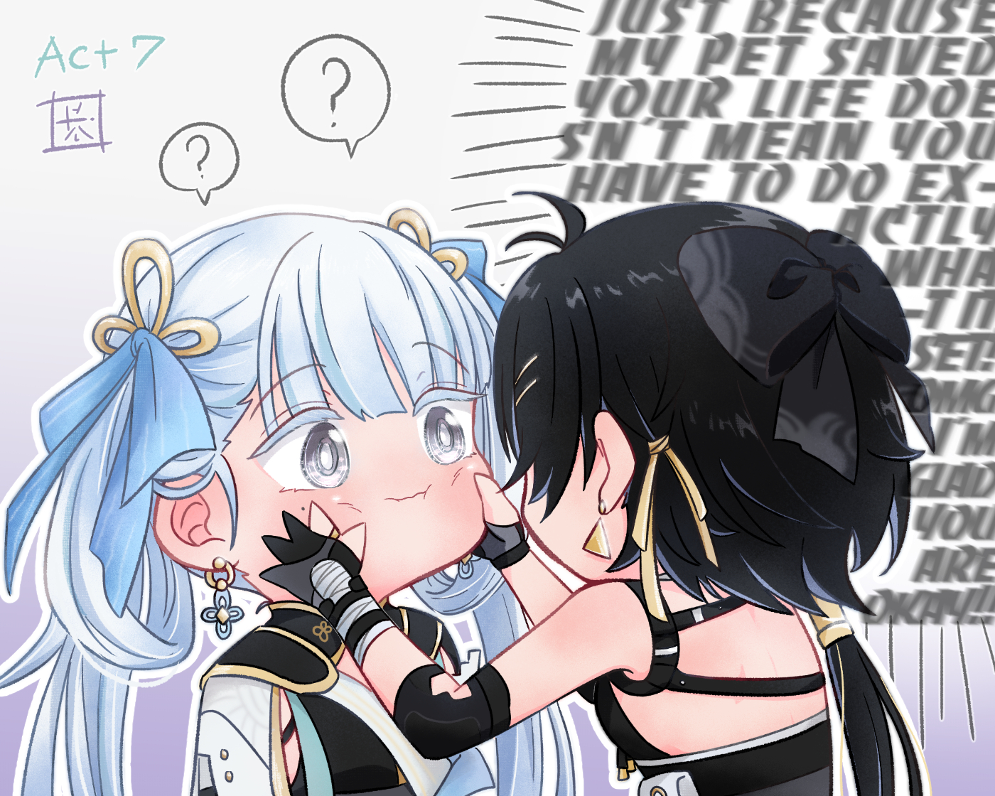 kyrus hiki, female rover (wuthering waves), jinhsi (wuthering waves), rover (wuthering waves), wuthering waves, commentary, english commentary, 2girls, ?, bare shoulders, black bow, black gloves, black hair, blue bow, bow, breasts, bright pupils, cheek squash, closed mouth, clueless, colored eyelashes, earrings, elbow pads, english text, gloves, hair bow, hair ribbon, hair rings, jewelry, long hair, looking at another, low ponytail, medium breasts, mole, mole on cheek, multiple girls, multiple hair bows, ponytail, ribbon, spoken question mark, triangle earrings, white eyelashes, white eyes, white hair, white pupils, yellow ribbon