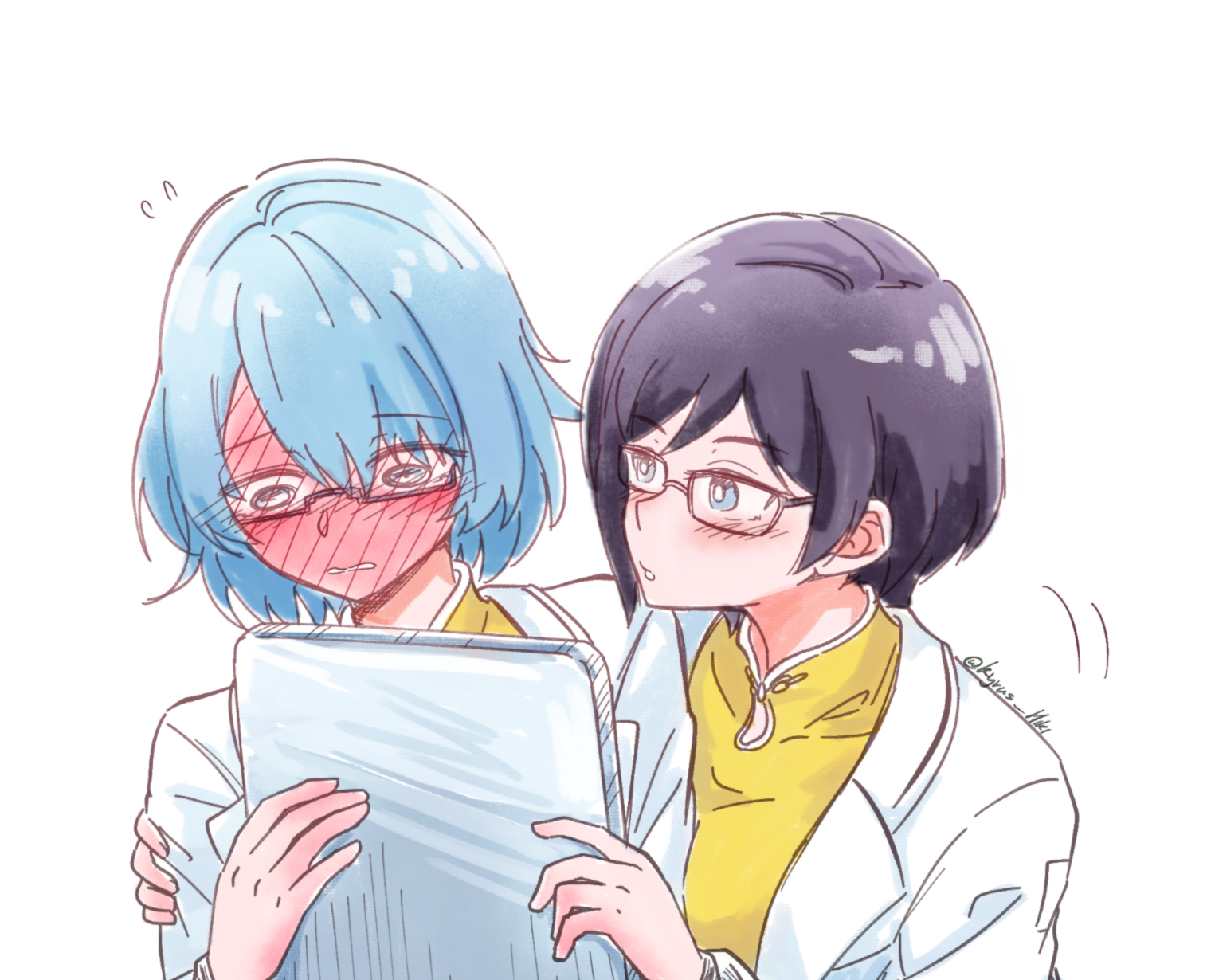 kyrus hiki, npc (wuthering waves), wuthering waves, commentary, english commentary, highres, 2girls, black hair, blue eyes, blue hair, blush, full-face blush, glasses, holding, holding tablet pc, jacket, looking at another, looking down, multiple girls, parted lips, rectangular eyewear, shirt, short hair, simple background, tablet pc, twitter username, upper body, white background, white jacket, yellow shirt