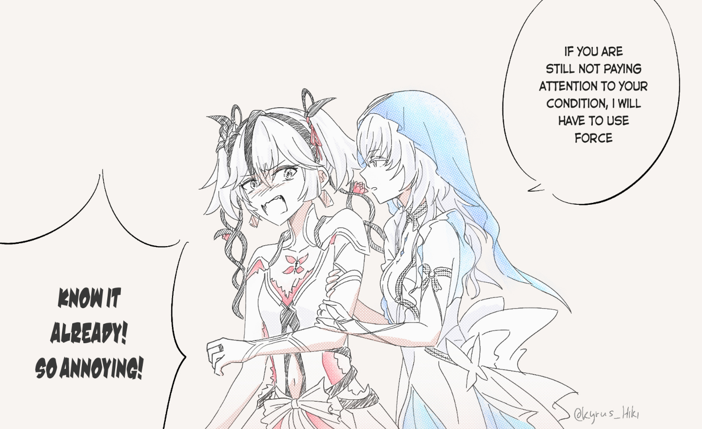 kyrus hiki, camellya (wuthering waves), shorekeeper (wuthering waves), wuthering waves, commentary, english commentary, 2girls, arm hug, armlet, black flower, blake bloom (wuthering waves), blue veil, blush, breasts, clothing cutout, dress, earrings, english text, flower, grey background, hair flower, hair ornament, hair vines, jewelry, long hair, looking at another, multiple girls, navel, open mouth, short hair, short twintails, shouting, simple background, small breasts, stomach cutout, tacet mark (wuthering waves), twintails, twitter username, veil, white dress