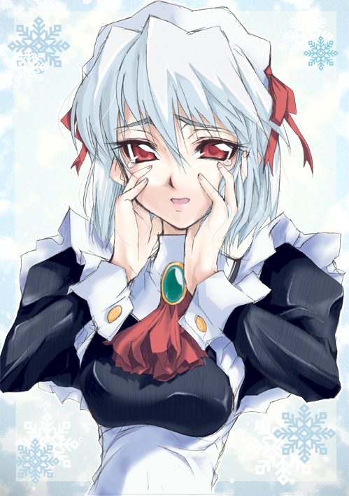 natsu iori, kotonomiya yuki, suigetsu, silver hair, 1girl, apron, ascot, brooch, female focus, gem, jewelry, long sleeves, looking at viewer, looking back, maid, maid apron, red eyes, simple background, sleeve cuffs, snowflakes, solo, tears, underbust, white background