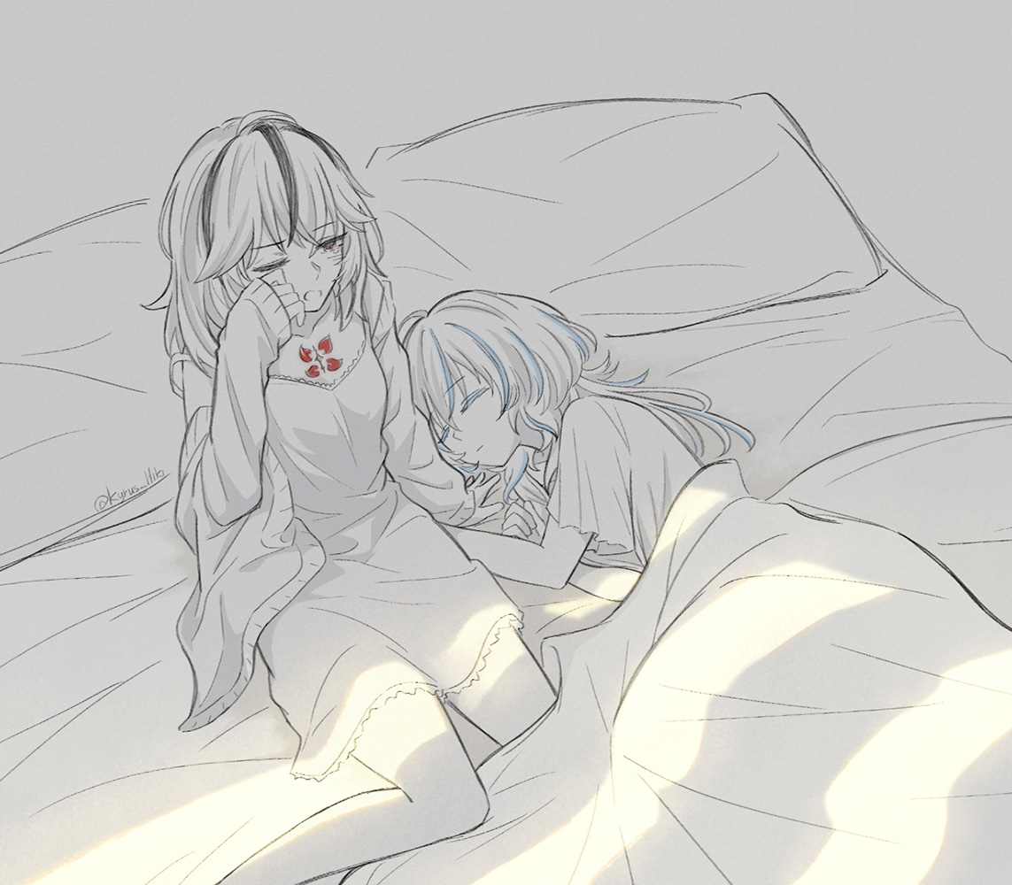 kyrus hiki, camellya (wuthering waves), shorekeeper (wuthering waves), wuthering waves, commentary, english commentary, 2girls, bed, black eyes, breasts, cardigan, closed eyes, closed mouth, dress, long hair, lying, multicolored hair, multiple girls, official alternate costume, on bed, on side, open cardigan, open clothes, rubbing eyes, sleeping, small breasts, spot color, streaked hair, twitter username, under covers