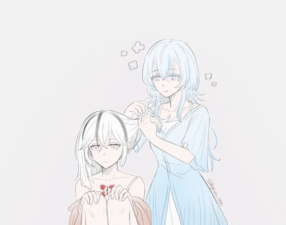 kyrus hiki, camellya (wuthering waves), shorekeeper (wuthering waves), wuthering waves, commentary, english commentary, 2girls, bare shoulders, blue dress, blue hair, closed mouth, collarbone, colored eyelashes, dress, grey background, hair between eyes, hands on own knees, long hair, looking at another, medium hair, multiple girls, official alternate costume, simple background, sitting, smile, tacet mark (wuthering waves), twitter username, tying another's hair, unamused