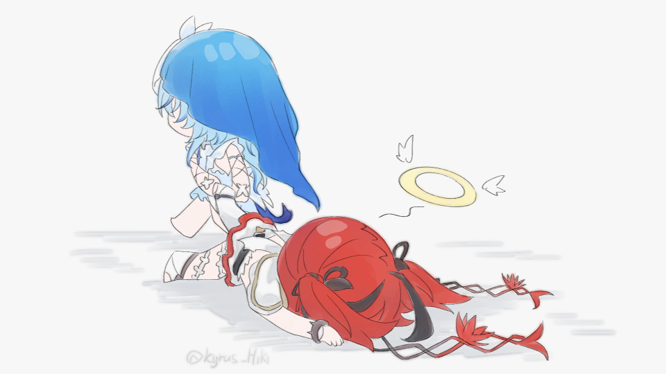 kyrus hiki, camellya (wuthering waves), shorekeeper (wuthering waves), wuthering waves, commentary, english commentary, 2girls, blue dress, blue veil, chibi, chibi only, dragging, dress, hair vines, halo, multiple girls, red hair, short hair, twitter username, veil, white dress