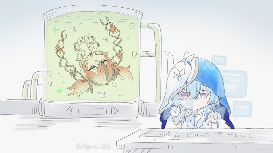 kyrus hiki, camellya (wuthering waves), shorekeeper (wuthering waves), wuthering waves, commentary, english commentary, 2girls, black flower, blue hair, blue veil, chibi, chibi only, colored eyelashes, flower, hair between eyes, hair flower, hair ornament, hair vines, holographic interface, long hair, multiple girls, purple eyes, red hair, two-tone veil, veil, white veil