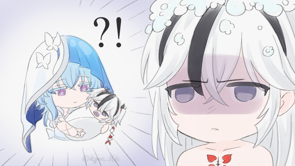 kyrus hiki, camellya (wuthering waves), shorekeeper (wuthering waves), wuthering waves, commentary, english commentary, !?, 3girls, baby, black eyes, blue hair, blue veil, carrying, carrying baby, carrying person, closed mouth, collarbone, colored eyelashes, hair between eyes, long hair, looking at another, multiple girls, parted lips, partially shaded face, purple eyes, smile, soap bubbles, tacet mark (wuthering waves), two-tone veil, veil, white hair, white veil