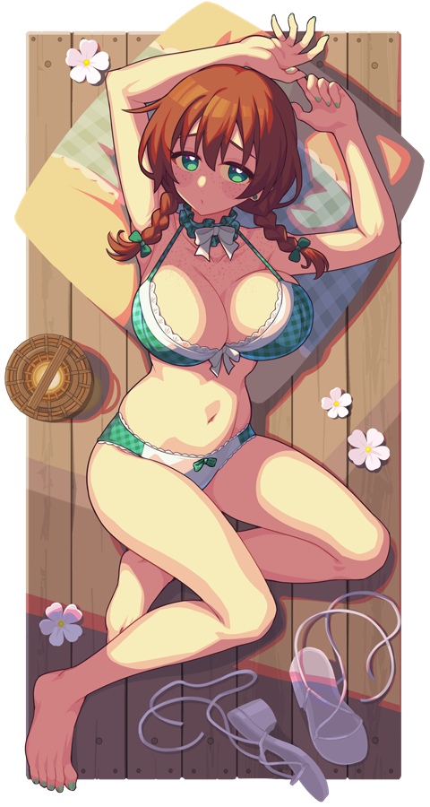 waste-man, emma verde, love live!, love live! nijigasaki high school idol club, 1girl, armpits, ballet slippers, bare shoulders, barefoot, bikini, body freckles, bow, bow choker, braid, breast freckles, breasts, choker, fingernails, flower, freckles, frilled choker, frills, full body, green bikini, green bow, green choker, green eyes, green nails, large breasts, looking at viewer, lying, nail polish, navel, on back, red hair, solo, swimsuit, thighs, twin braids, twintails