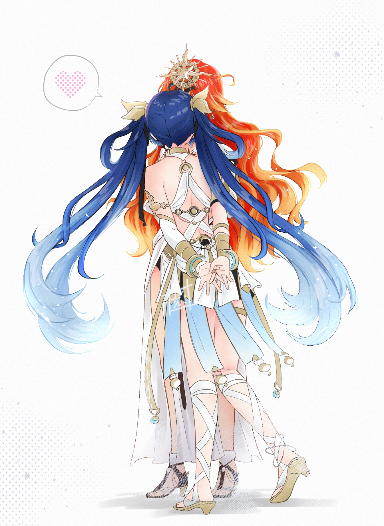 kyrus hiki, augusta (wuthering waves), iuno (wuthering waves), wuthering waves, commentary, english commentary, highres, 2girls, ancient greek clothes, armlet, arms behind back, back, bare shoulders, blue hair, earrings, facing away, from behind, full body, gradient hair, greco-roman clothes, hair belt, headgear, heart, high heel sandals, high heels, jewelry, long hair, looking at another, multicolored hair, multiple girls, orange hair, sandals, simple background, standing, streaked hair, sun ornament, twintails, vambraces, very long hair, white background, yuri