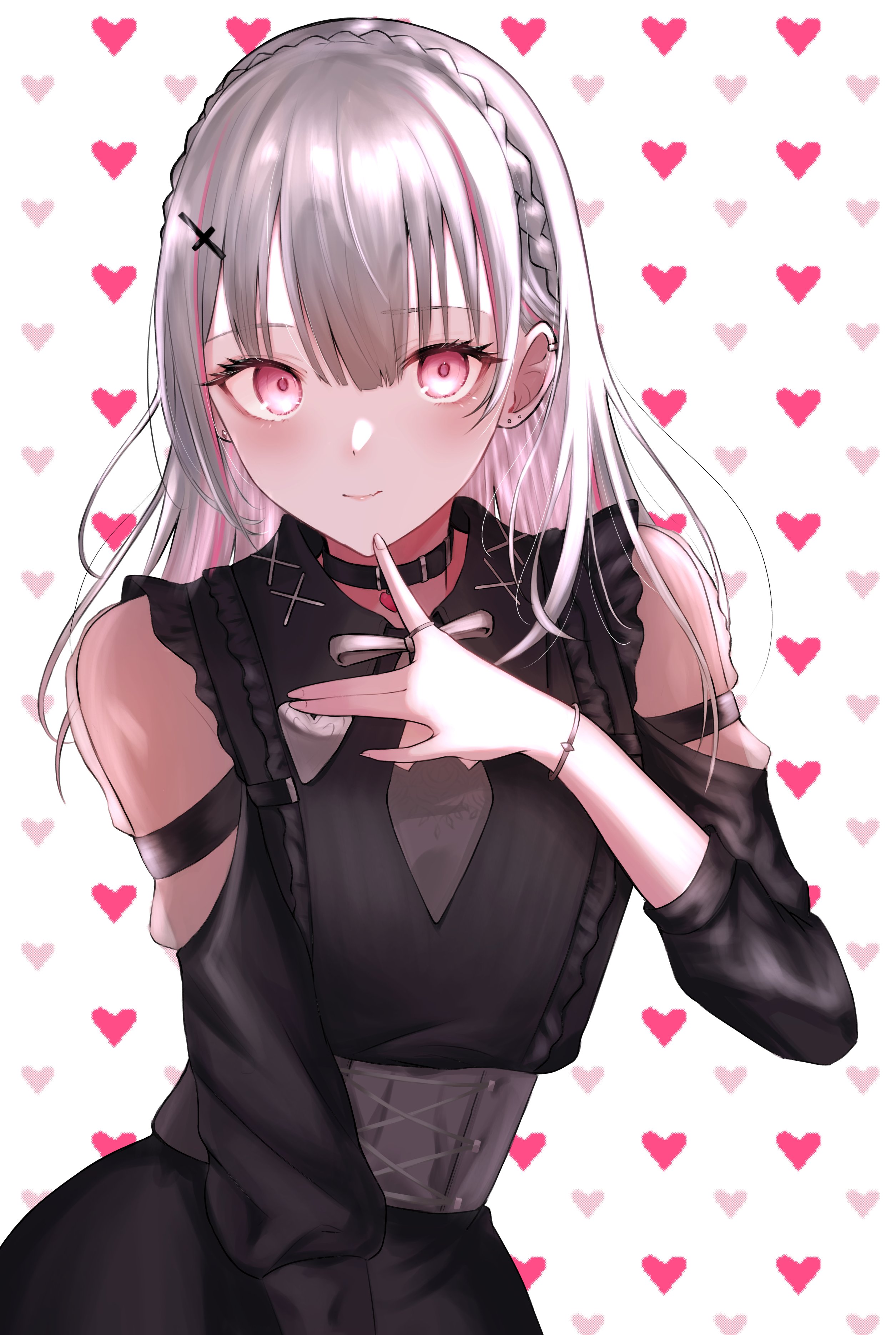 akutagawa joo, asumi sena, asumi sena (3rd costume), vspo!, absurdres, highres, 1girl, black choker, black dress, braid, choker, clothing cutout, corset, crown braid, dress, ear piercing, grey corset, grey hair, heart, heart background, long hair, looking at viewer, piercing, pink eyes, smile, solo, upper body, virtual youtuber
