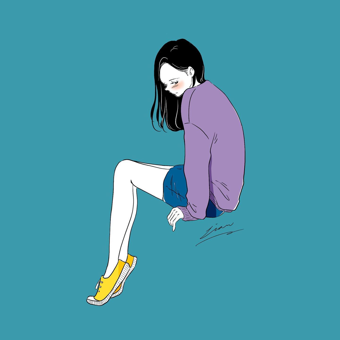 lisa (illustsan430), original, commentary request, highres, 1girl, arm support, artist name, black eyes, black hair, blue background, blue skirt, blush, bright pupils, closed mouth, embarrassed, from side, full body, hair behind ear, invisible chair, long hair, long sleeves, looking down, looking to the side, miniskirt, purple sweater, shoes, sideways glance, signature, simple background, sitting, skirt, sleeves past wrists, sneakers, solo, sweater, turning head, white pupils, yellow shoes