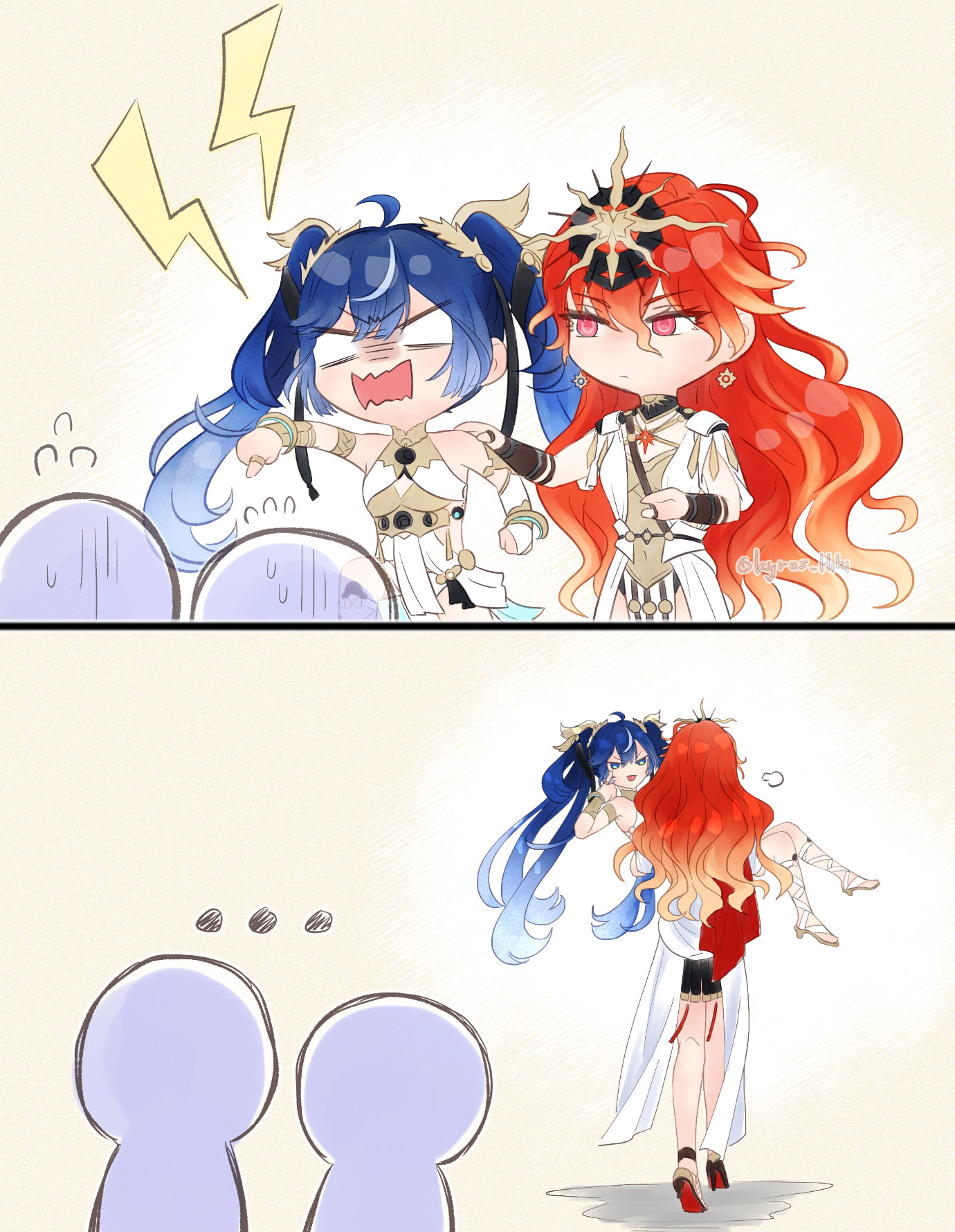 kyrus hiki, augusta (wuthering waves), iuno (wuthering waves), wuthering waves, commentary, english commentary, highres, …, 2girls, :p, ahoge, akanbe, arm armor, armlet, armor, bare shoulders, black collar, blue hair, breastplate, bridal gauntlets, carrying, collar, dress, earrings, eyelid pull, gold bra, gradient hair, hair between eyes, headgear, jewelry, laurel crown, long hair, looking at another, multicolored hair, multiple girls, open mouth, orange hair, people, princess carry, puff of air, red eyes, shouting, single bridal gauntlet, sun earrings, sun necklace, tongue, tongue out, twintails, v-shaped eyebrows, vambraces, white bridal gauntlets, white dress