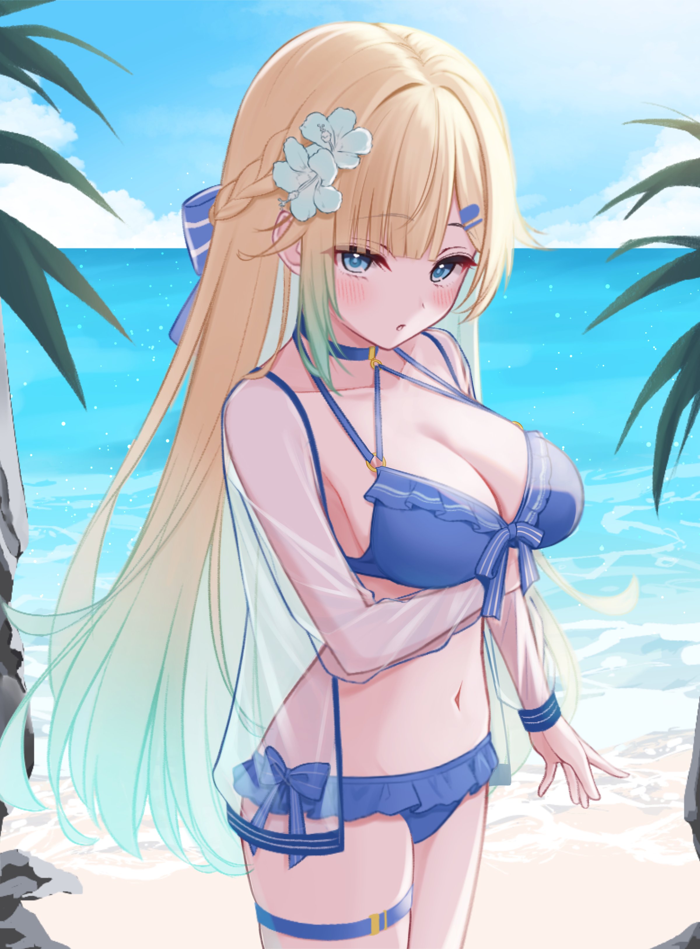 puni (yuuki-0215), aizawa ema, vspo!, absurdres, highres, 1girl, aqua hair, beach, bikini, blonde hair, blue bikini, blue eyes, blue ribbon, blue sky, breasts, cleavage, cloud, cowboy shot, flower, gradient hair, hair flower, hair ornament, hair ribbon, jacket, large breasts, long hair, looking at viewer, multicolored hair, navel, ocean, open clothes, open jacket, ribbon, see-through clothes, see-through jacket, sky, solo, swimsuit, thigh strap, virtual youtuber, water, white flower