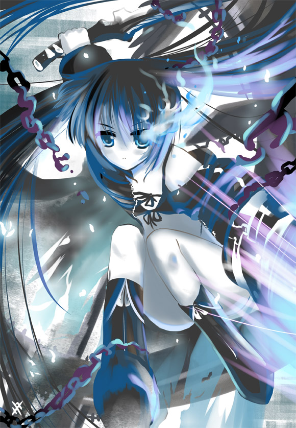 xephonia, black rock shooter (character), black rock shooter, 10s, 1girl, blue eyes, boots, broken, broken chain, chain, female focus, katana, long hair, solo, sword, weapon