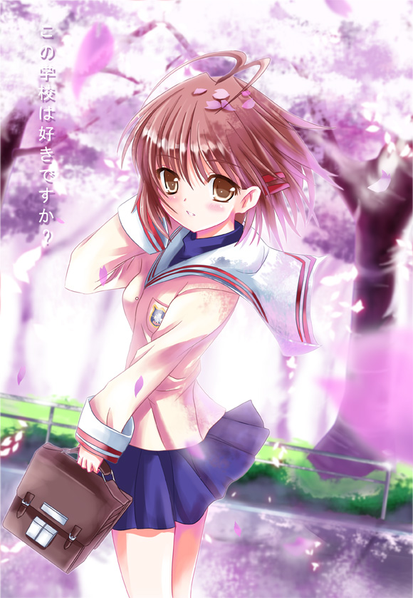 xephonia, furukawa nagisa, clannad, 00s, brown hair, school uniform, serafuku, short hair, skirt, solo, xeph