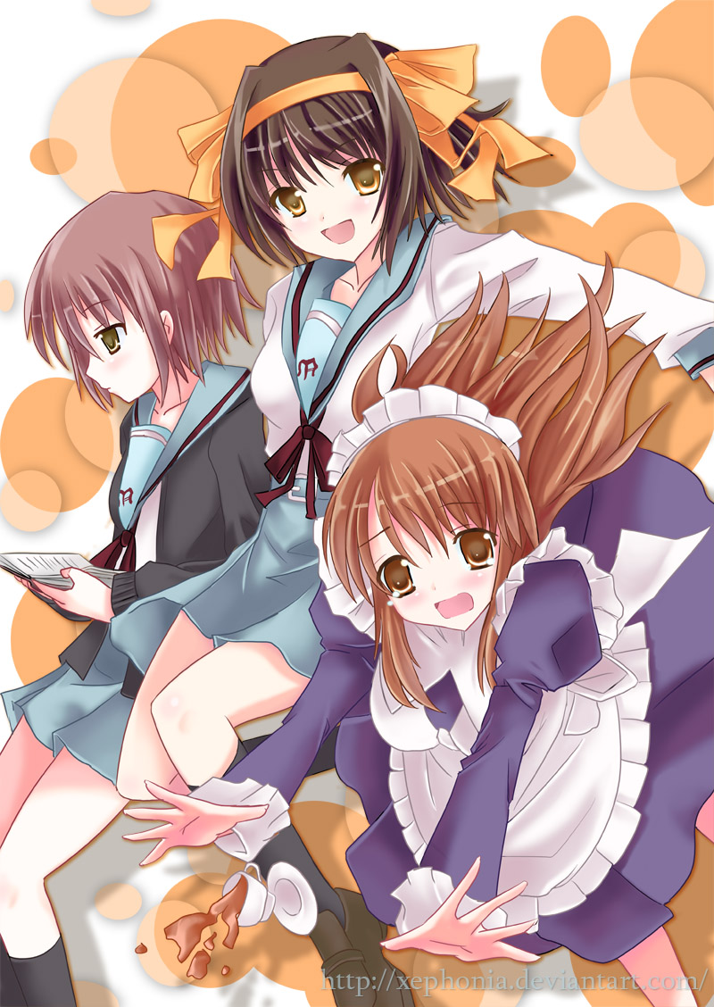 xephonia, asahina mikuru, nagato yuki, suzumiya haruhi, suzumiya haruhi no yuuutsu, 00s, long hair, maid, ribbon, school uniform, serafuku, short hair, skirt, xeph
