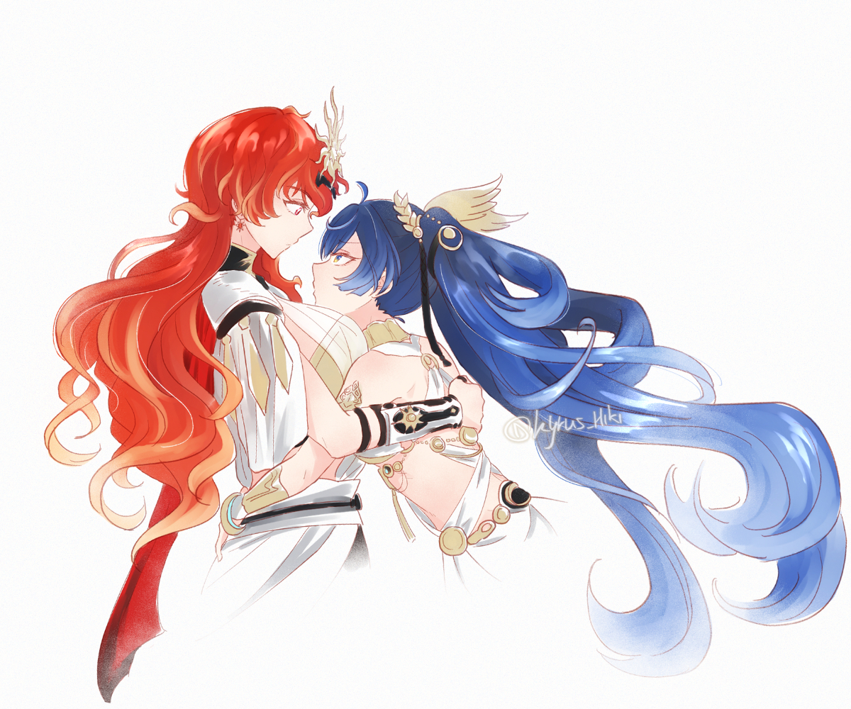 kyrus hiki, augusta (wuthering waves), iuno (wuthering waves), wuthering waves, commentary, english commentary, 2girls, ahoge, arm armor, armlet, armor, bare shoulders, blue eyes, blue hair, breastplate, breasts, cropped torso, earrings, eye contact, from side, gradient hair, headgear, hug, jewelry, large breasts, laurel crown, looking at another, multicolored hair, multiple girls, orange hair, red eyes, red hair, simple background, sun earrings, twitter username, vambraces, white background