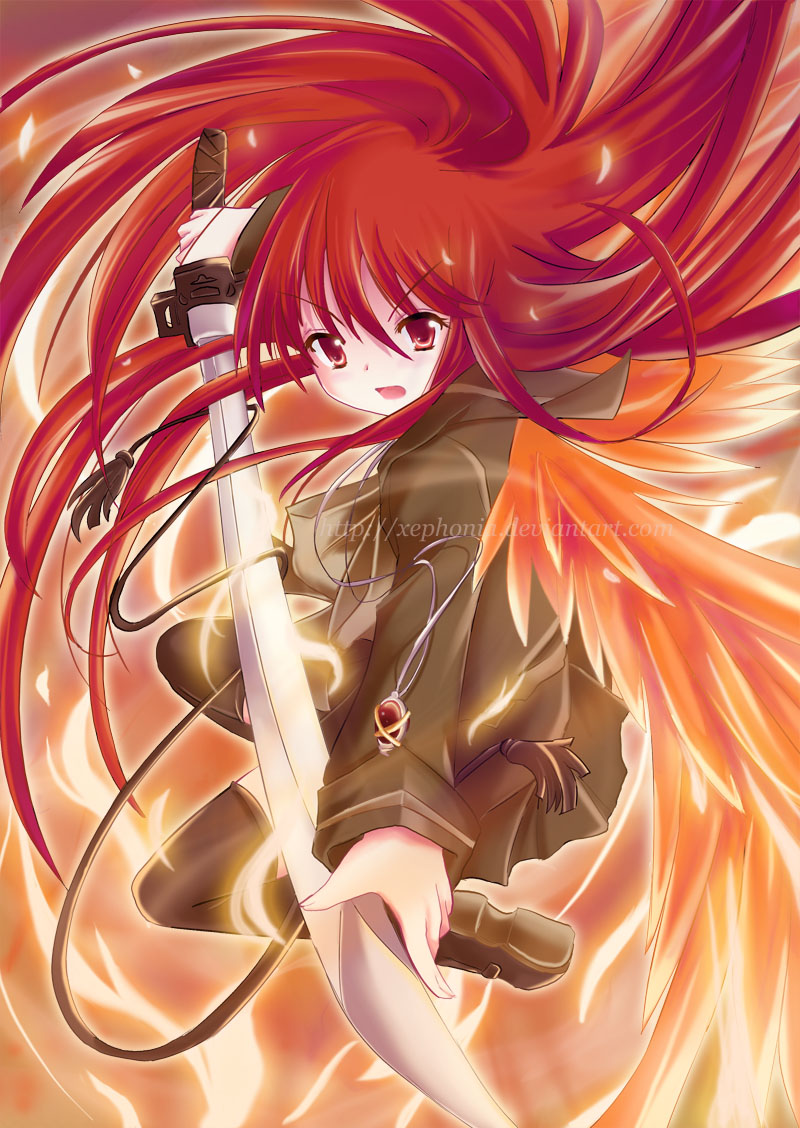 xephonia, alastor (shakugan no shana), shana, shakugan no shana, 00s, 1girl, fiery wings, fire, jewelry, katana, long hair, pendant, red hair, school uniform, serafuku, sword, thighhighs, weapon, wings, xeph