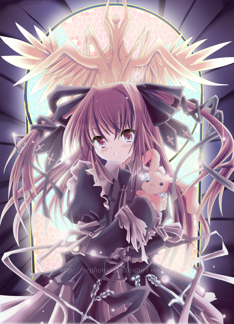 xephonia, original, 1girl, female focus, gothic lolita, hair ribbon, lolita fashion, long hair, ribbon, solo, stained glass, stuffed animal, stuffed rabbit, stuffed toy, twintails, two side up, watermark, web address, xeph