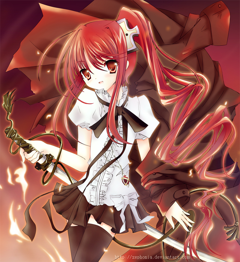 xephonia, alastor (shakugan no shana), shana, shakugan no shana, 00s, 1girl, female focus, fire, jewelry, katana, long hair, pendant, red hair, ribbon, skirt, solo, sword, thighhighs, weapon, xeph