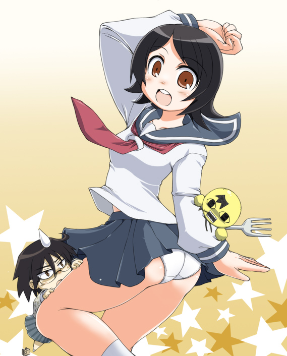 naitou kouse, hitou nami, itoshiki nozomu, sanosuke, sayonara zetsubou sensei, 00s, black hair, blush, brown eyes, clothes lift, fork, glasses, open mouth, panties, pantyshot, school uniform, serafuku, short hair, skirt, skirt lift, star (symbol), sweatdrop, underwear, white panties