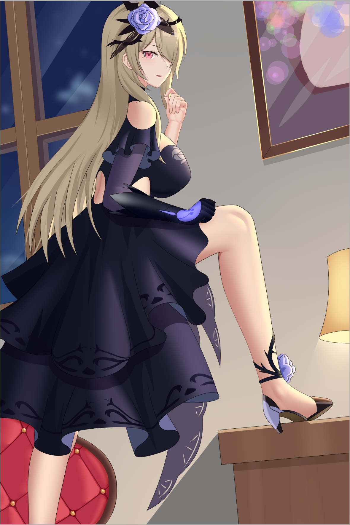 shuaishousha, rita rossweisse, rita rossweisse (fallen rosemary), honkai (series), honkai impact 3rd, chinese commentary, commentary request, highres, 1girl, breasts, brown hair, dress, elbow gloves, flower, gloves, hair flower, hair ornament, high heels, indoors, lamp, large breasts, long hair, painting (object), purple dress, purple eyes, purple gloves, solo, very long hair, window