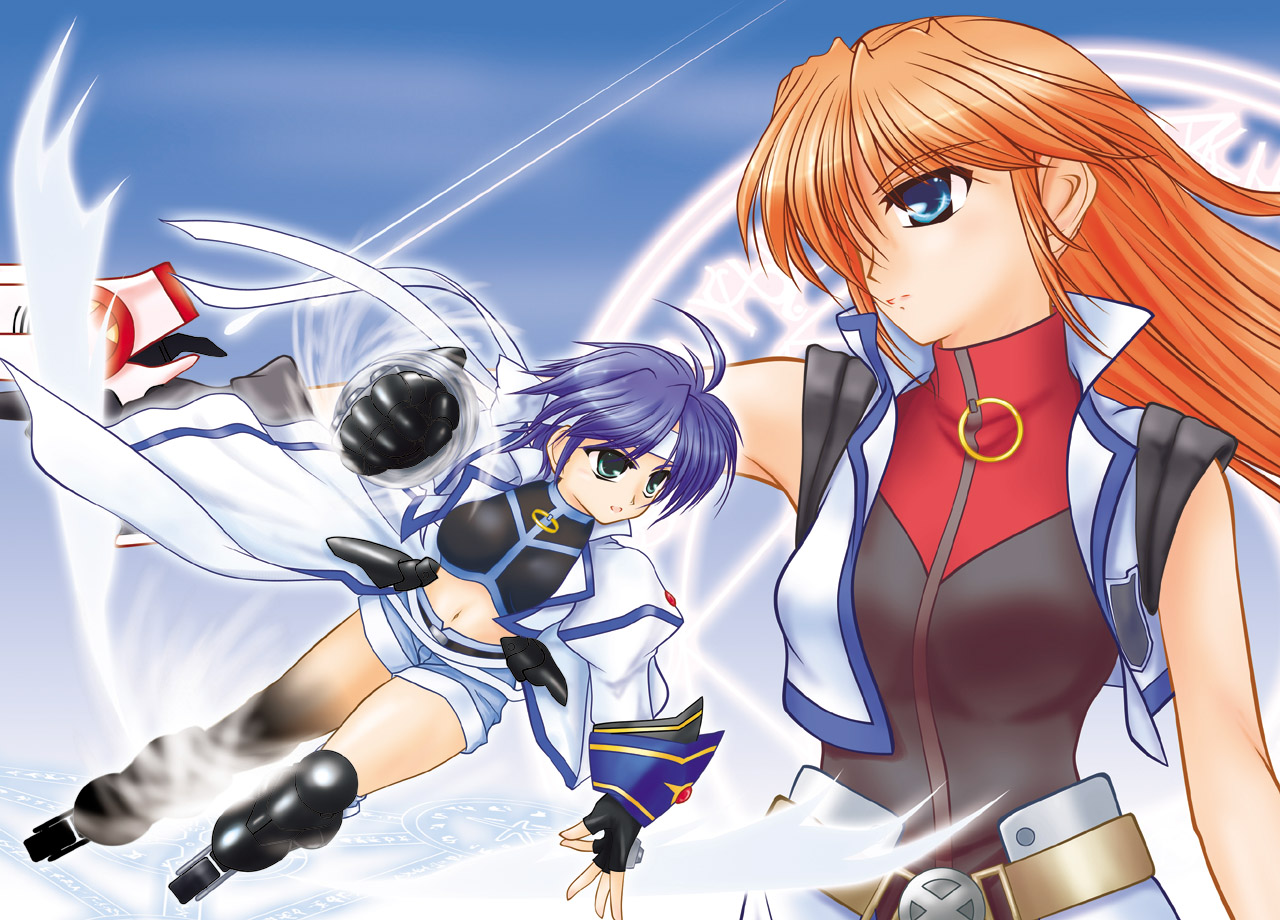 aoiba takato, cross mirage, revolver knuckle, subaru nakajima, teana lanster, lyrical nanoha, mahou shoujo lyrical nanoha, mahou shoujo lyrical nanoha strikers, 00s, 2girls, denim, denim shorts, inline skates, multiple girls, roller skates, shorts, skates