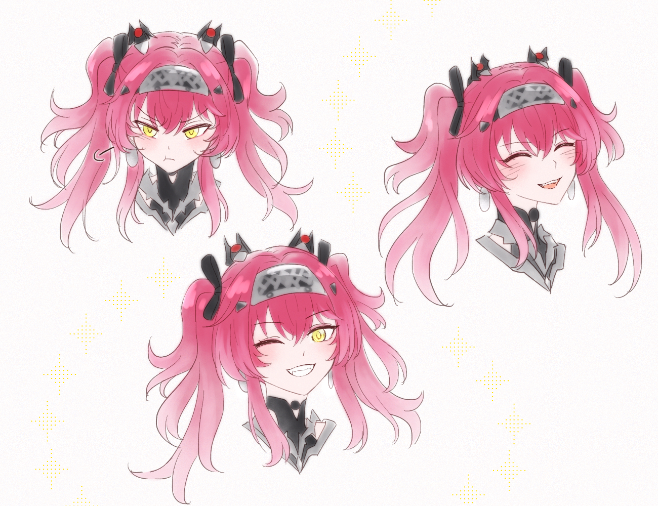 kyrus hiki, lupa (wuthering waves), wuthering waves, commentary, english commentary, 1girl, :t, black bow, bow, closed eyes, closed mouth, collar, grin, hair bow, hairband, headgear, light blush, long hair, looking at viewer, metal collar, metal hairband, multiple expressions, multiple hair bows, one eye closed, pink hair, pout, smile, twintails, v-shaped eyebrows, yellow eyes