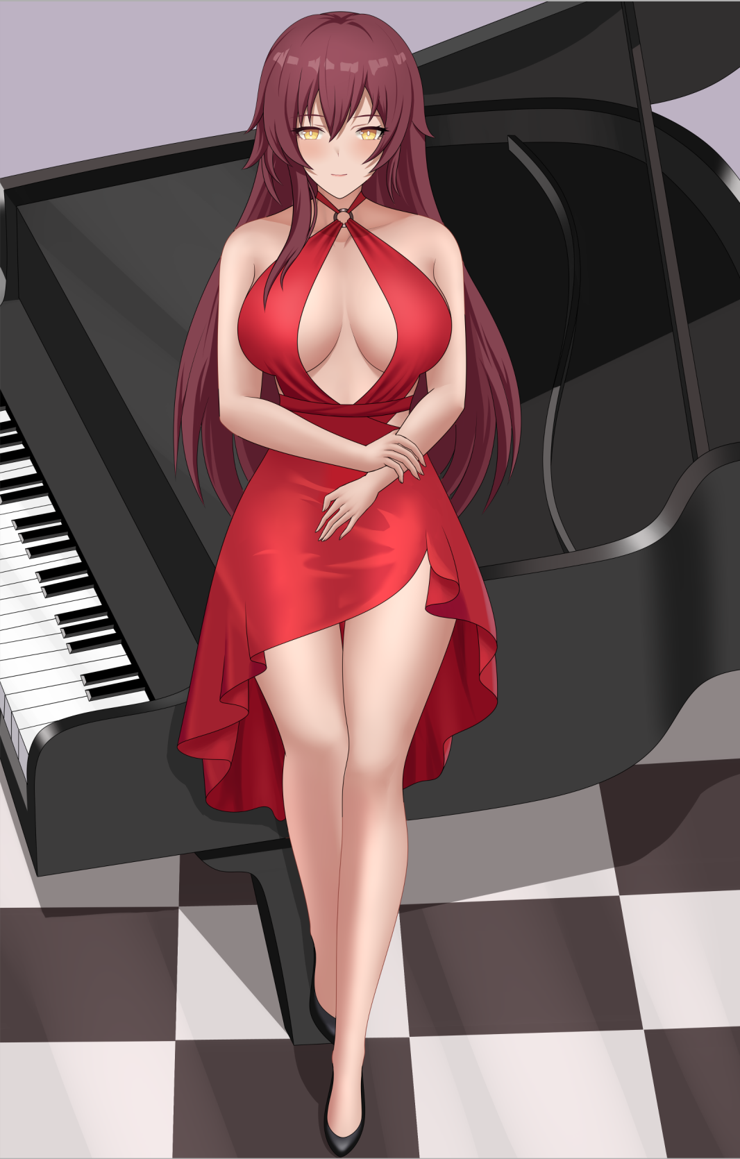 shuaishousha, eden (honkai impact), honkai (series), honkai impact 3rd, chinese commentary, commentary request, highres, 1girl, breasts, brown hair, checkered floor, cleavage cutout, clothing cutout, dress, grand piano, high heels, instrument, large breasts, long hair, piano, red dress, solo, very long hair, yellow eyes