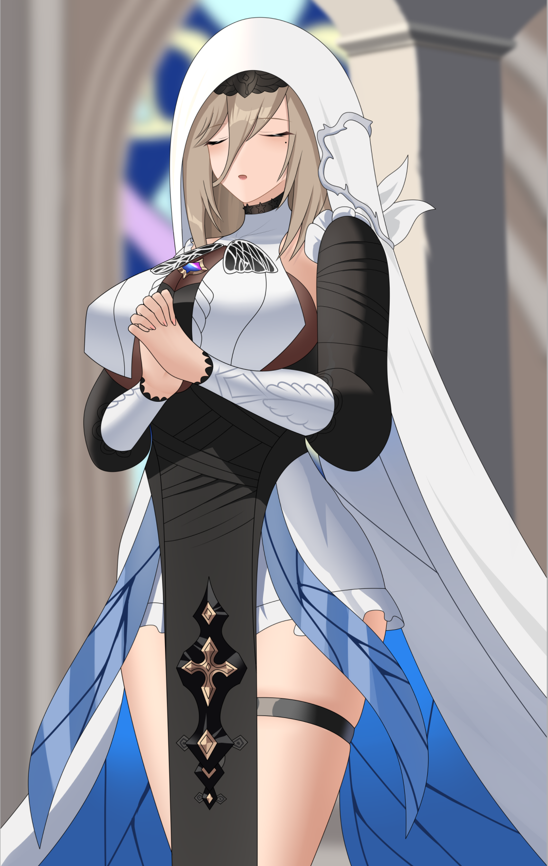 shuaishousha, aponia, honkai (series), honkai impact 3rd, commentary request, highres, 1girl, black dress, blonde hair, breast curtains, breasts, closed eyes, dress, large breasts, mole, mole under eye, nun, own hands together, pelvic curtain, praying, short hair, solo, thigh strap, thighs, veil, white veil