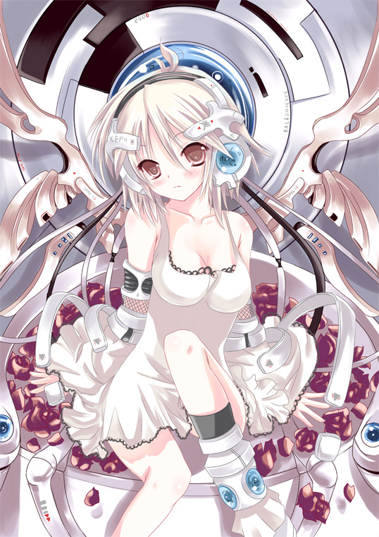 xephonia, original, 1girl, breasts, brown eyes, cleavage, female focus, medium breasts, petals, short hair, solo